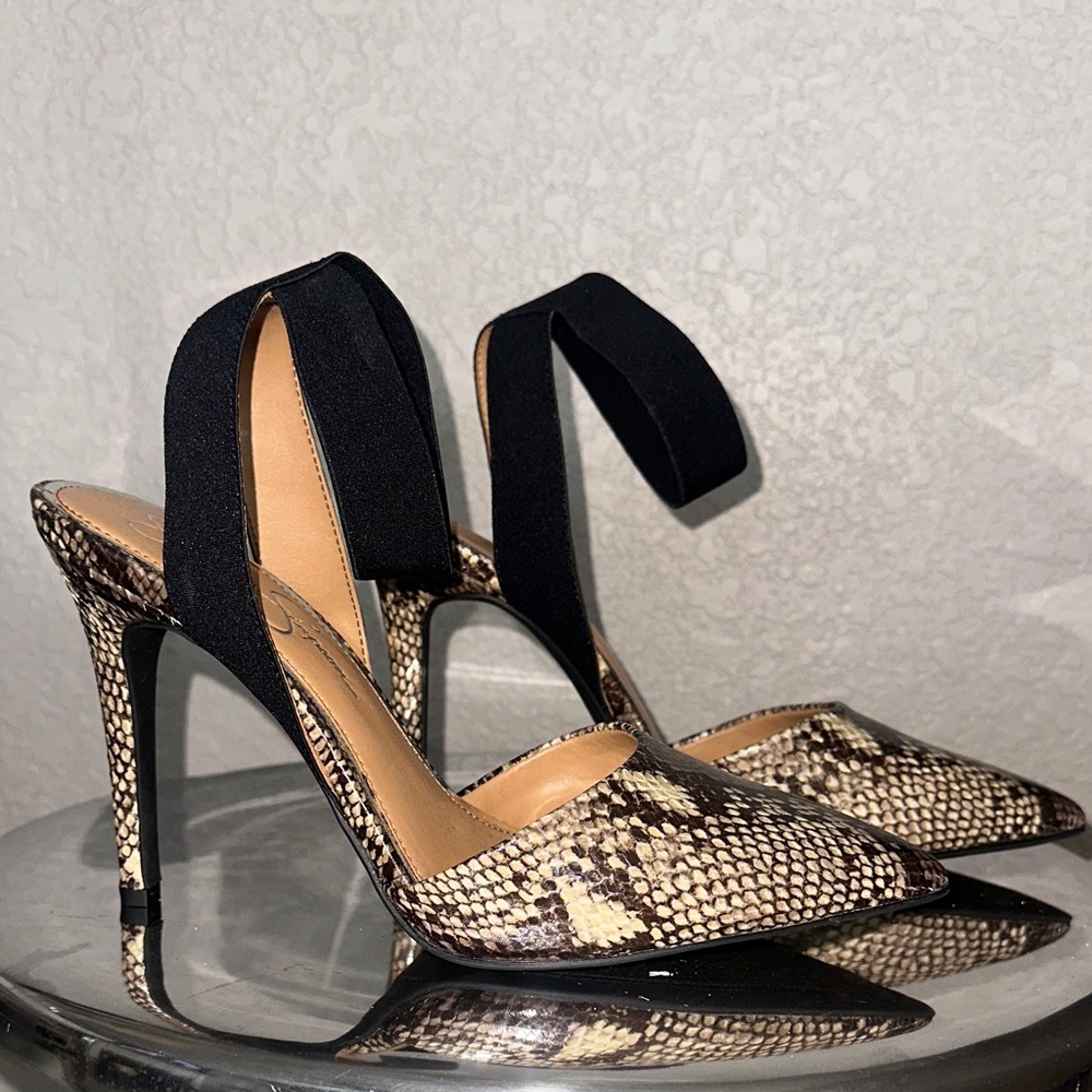Jessica Simpson Snakeskin Heels with Black Ankle Straps